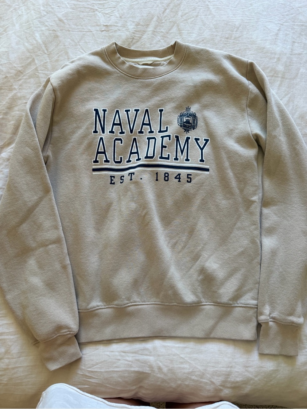 League Beige Naval Academy Crewneck Sweatshirt with Navy Lettering